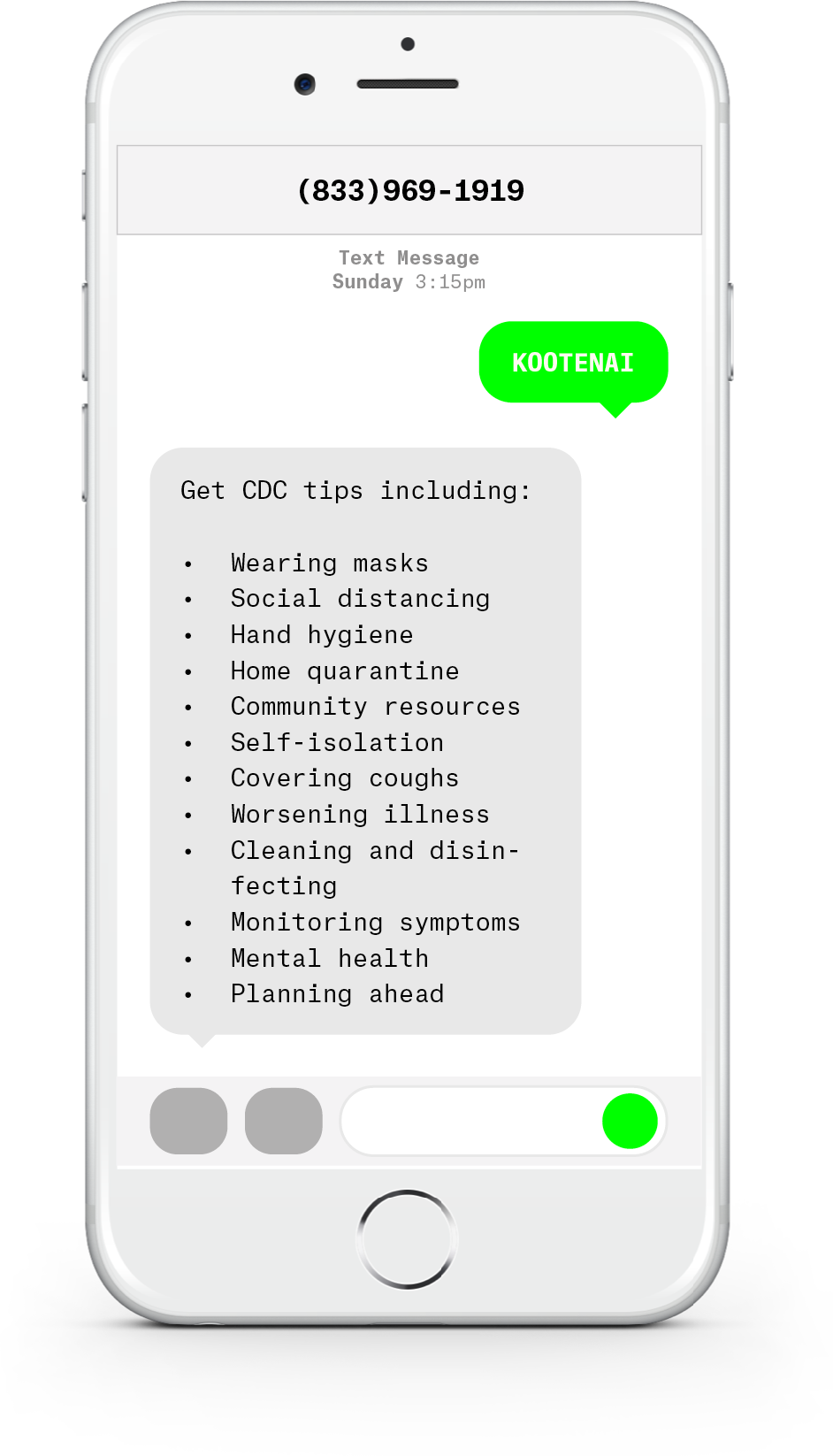 White iPhone with text messages about COVID-19 from Kootenai Care Network.