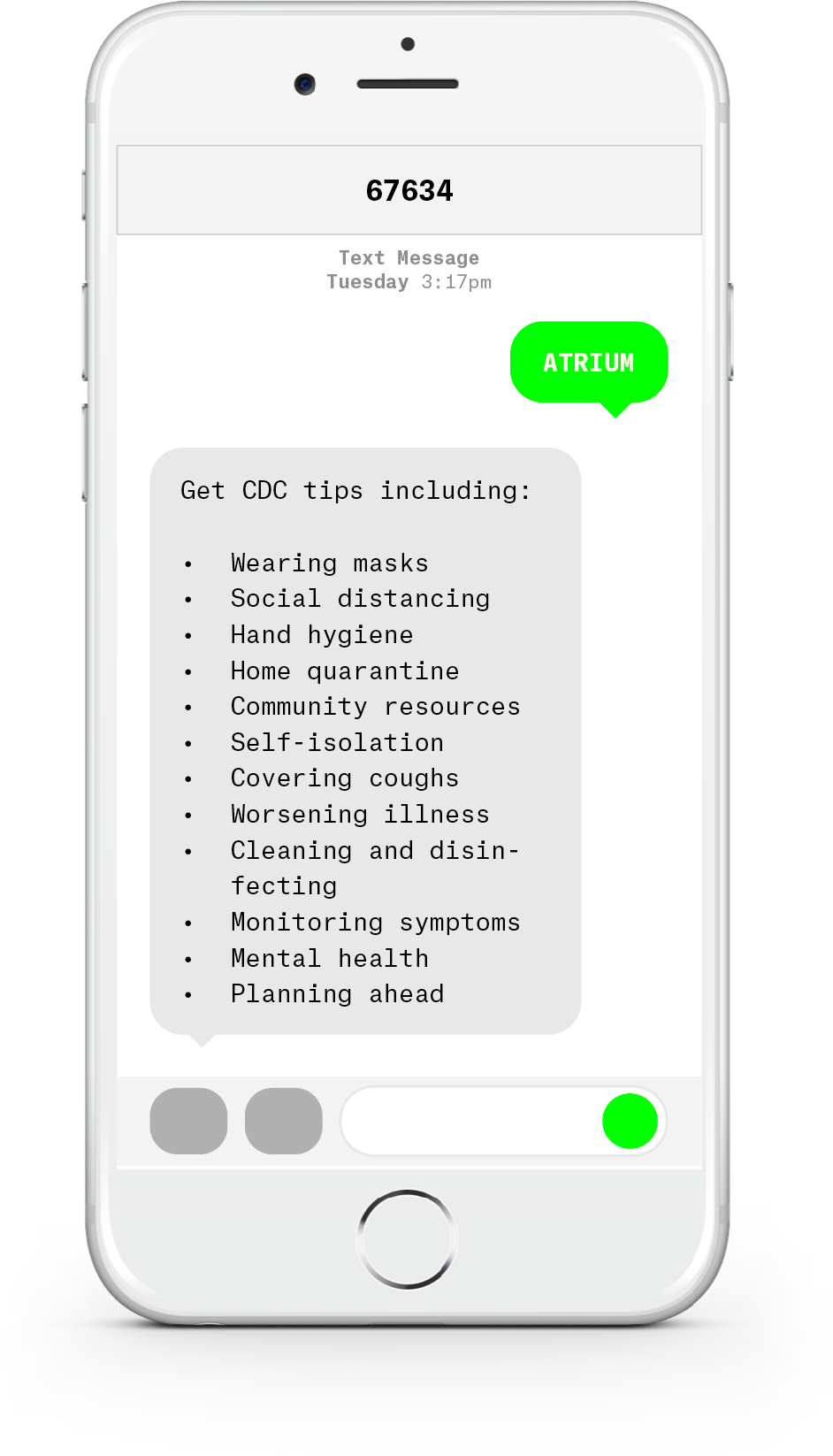 White iPhone with text messages about COVID-19 from Atrium Health.