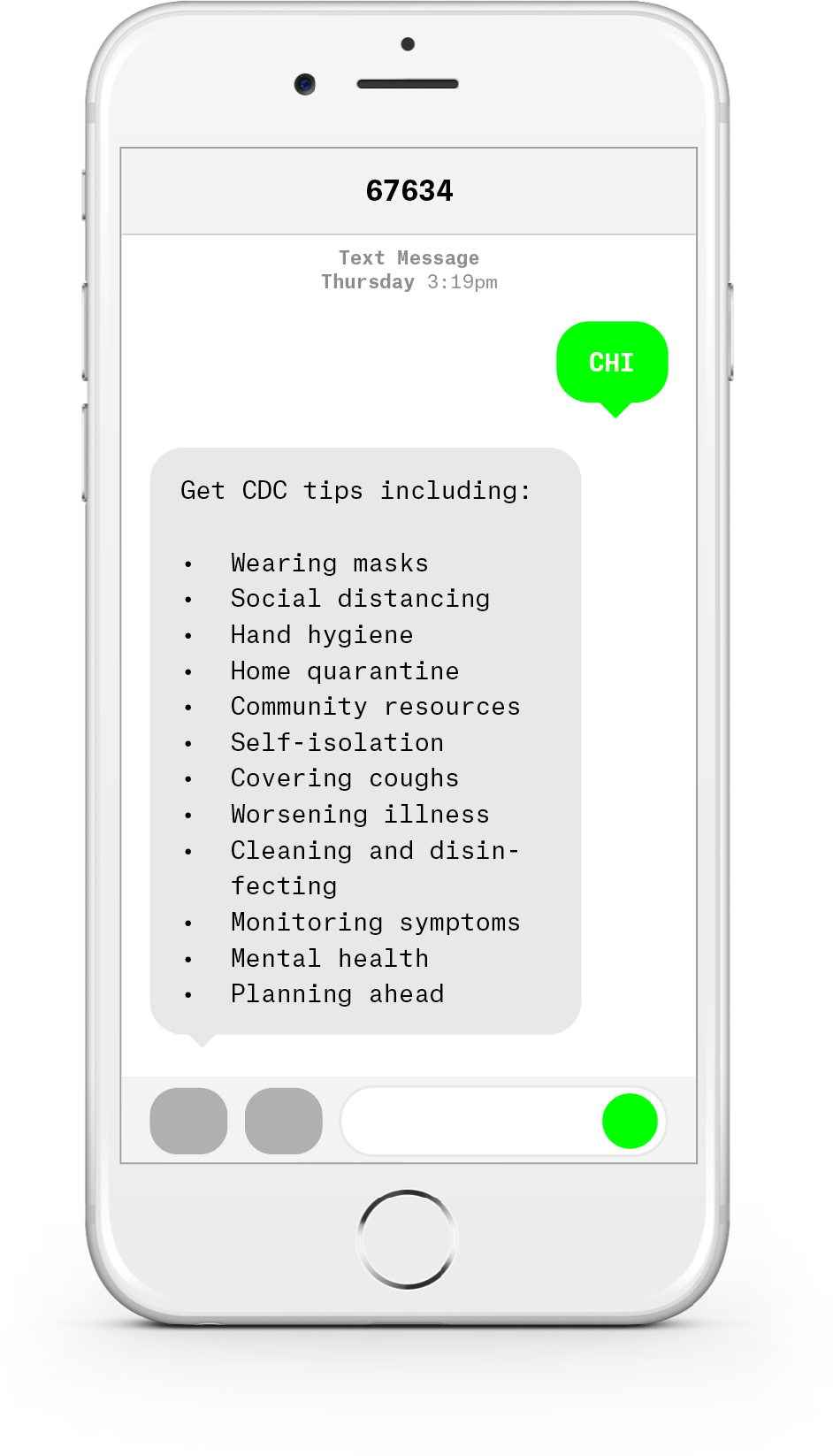 White iPhone with text messages about COVID-19 from Community Health of South Florida.