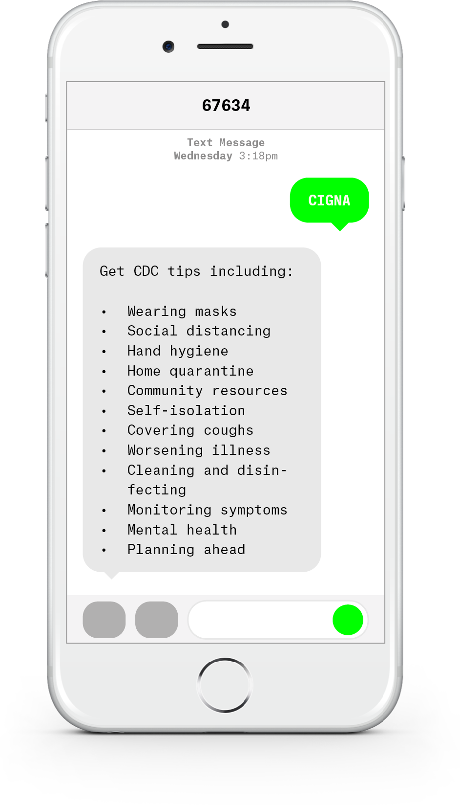 White iPhone with text messages about COVID-19 from Cigna Medical Group.