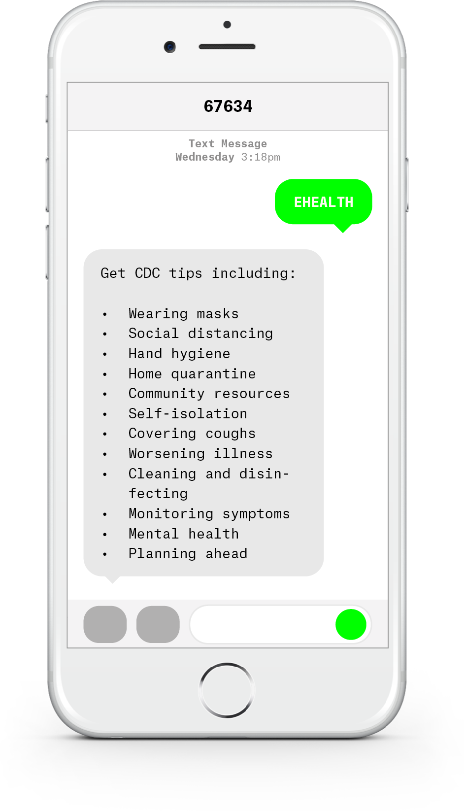 White iPhone with text messages about COVID-19 from Eisenhower Health.