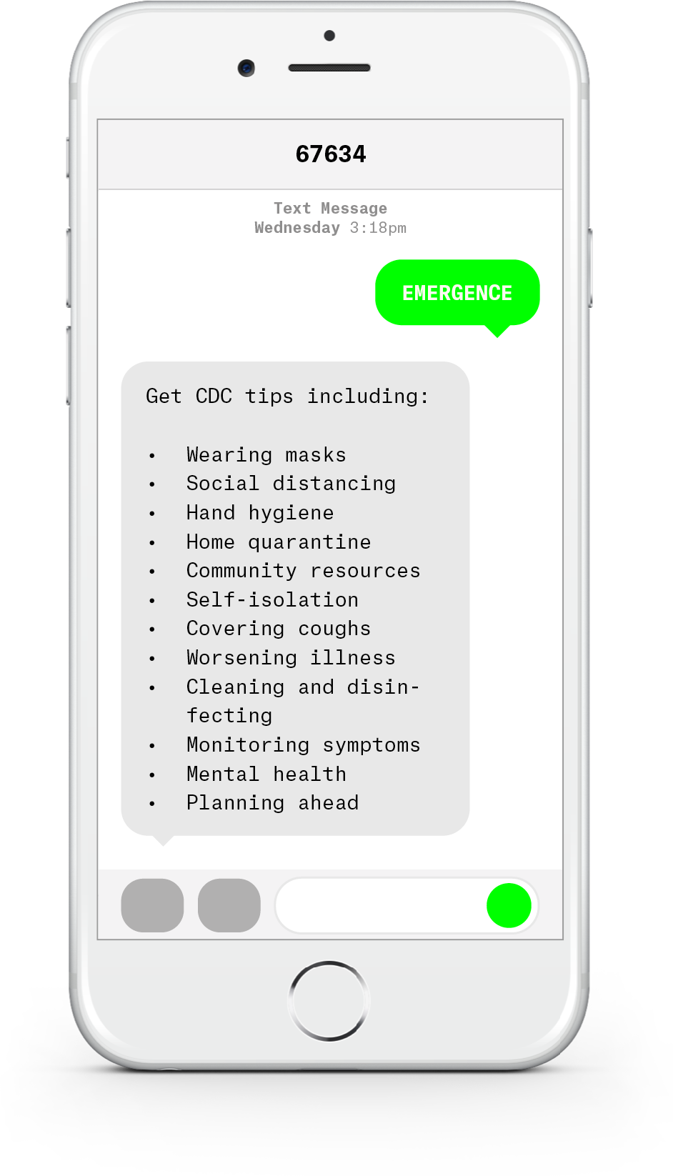 White iPhone with text messages about COVID-19 from Emergence Health.