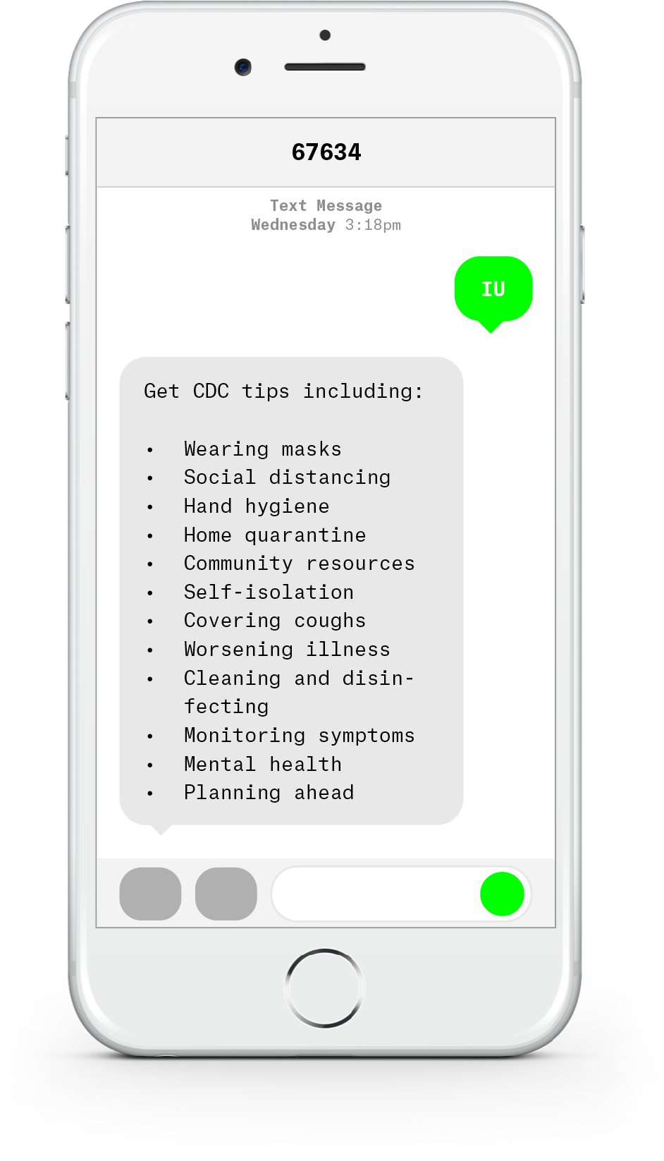 White iPhone with text messages about COVID-19 from Indiana University Health System.