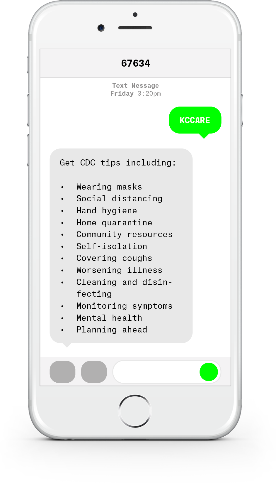 White iPhone with text messages about COVID-19 from KC CARE Health System.