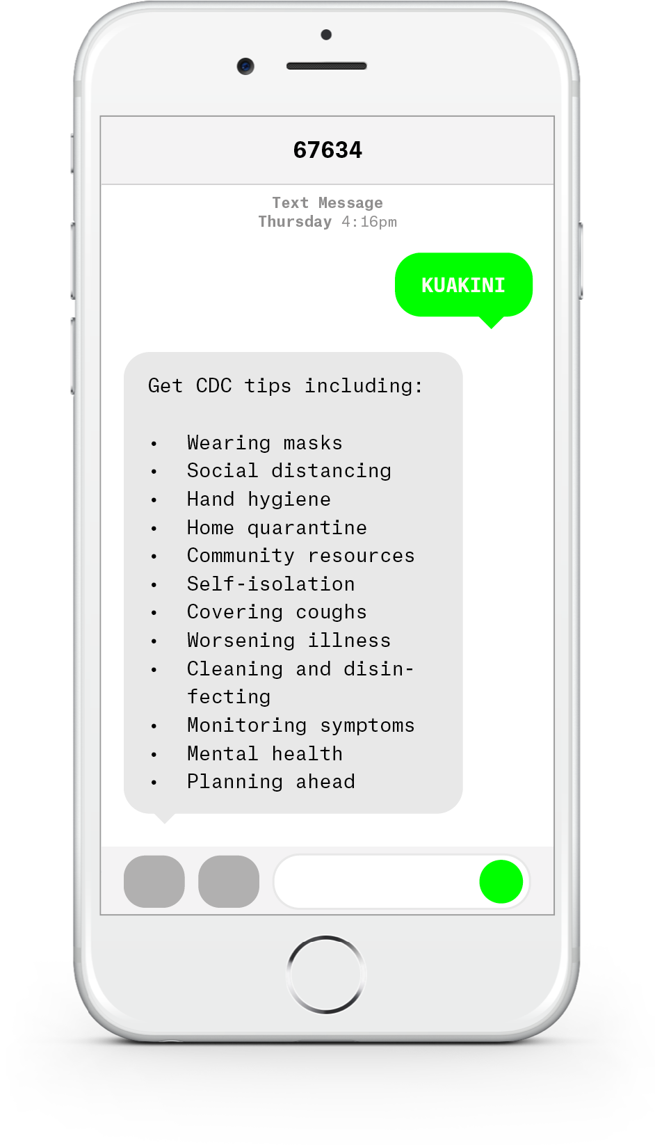 White iPhone with text messages about COVID-19 from Kuakini Health System.