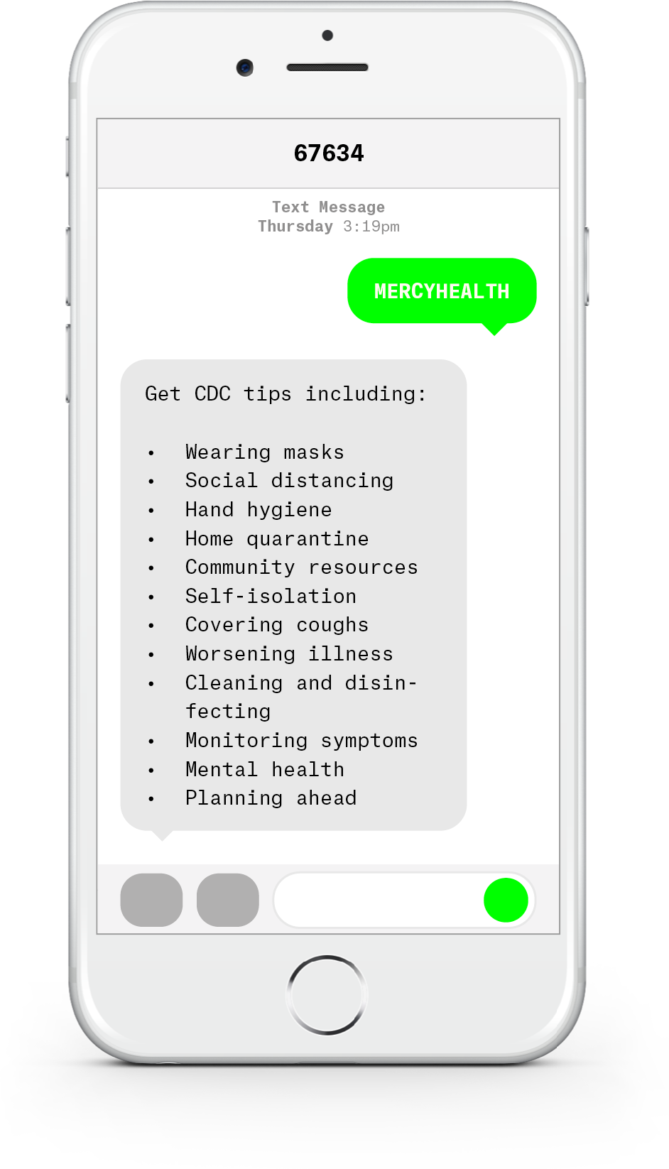 White iPhone with text messages about COVID-19 from Mercy Health.