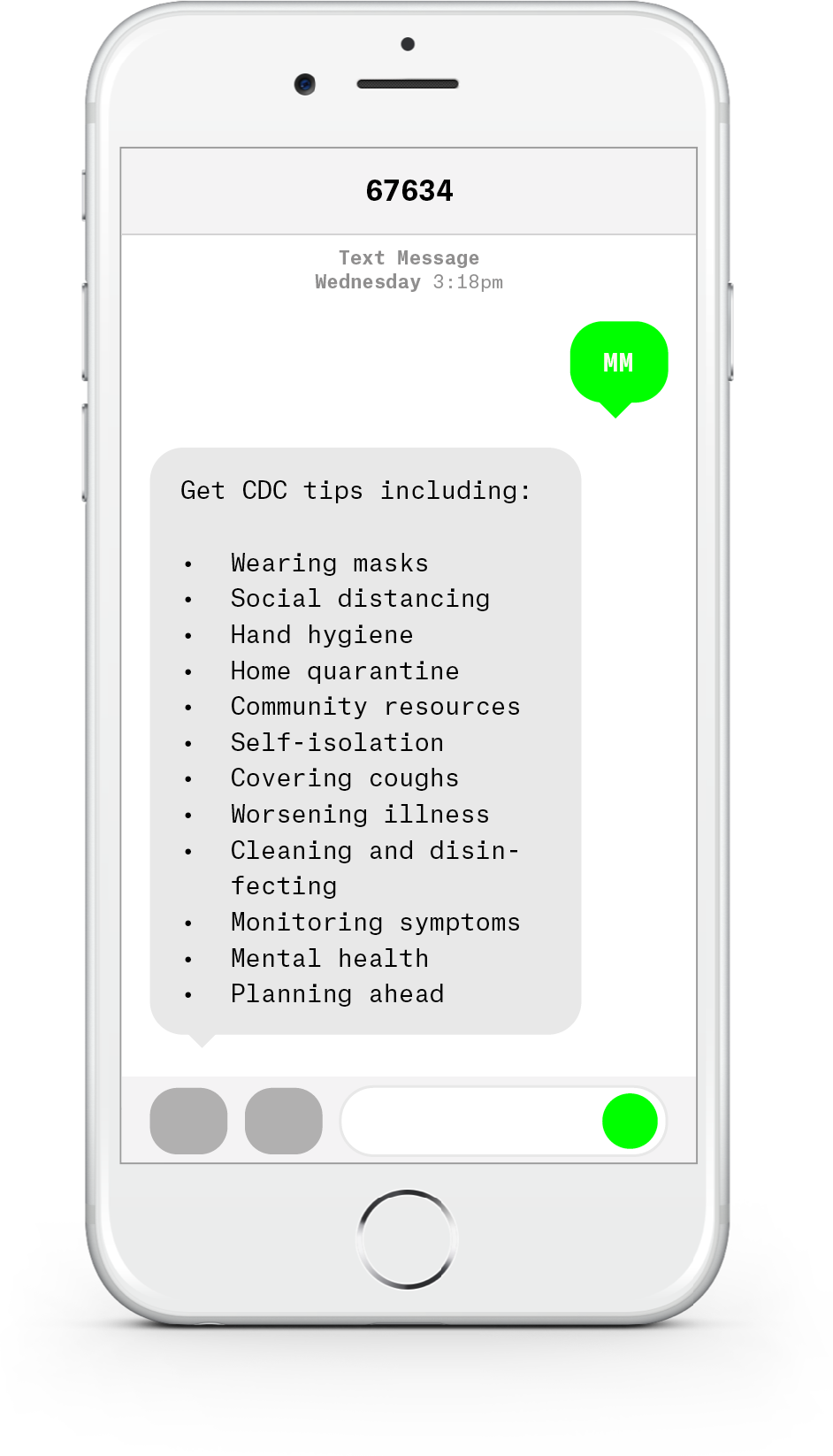 White iPhone with text messages about COVID-19 from Michigan Medicine.