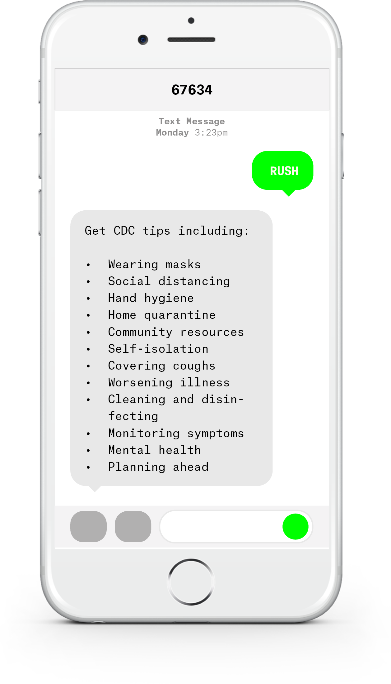 White iPhone with text messages about COVID-19 from Rush University Medical Center.