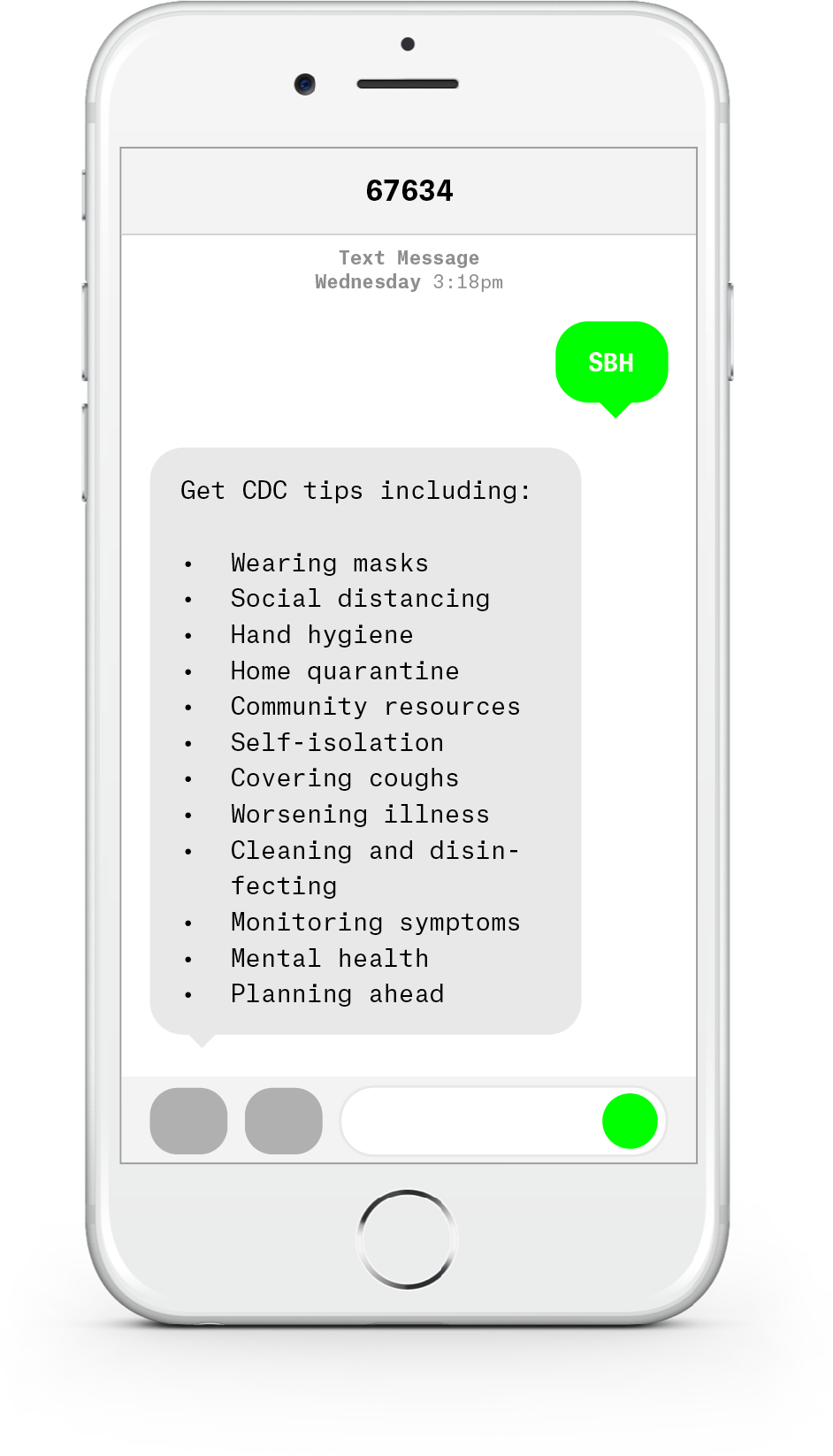 White iPhone with text messages about COVID-19 from SBH Health System.