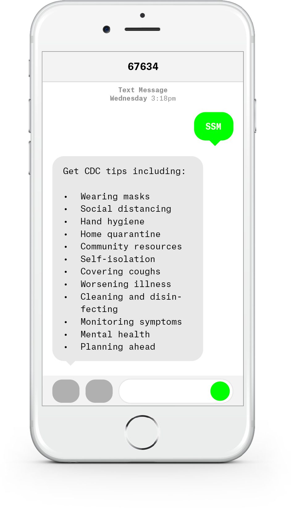 White iPhone with text messages about COVID-19 from SSM Health.