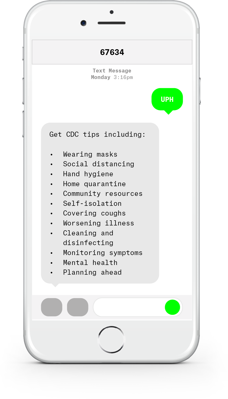 White iPhone with text messages about COVID-19 from UnityPoint Health.