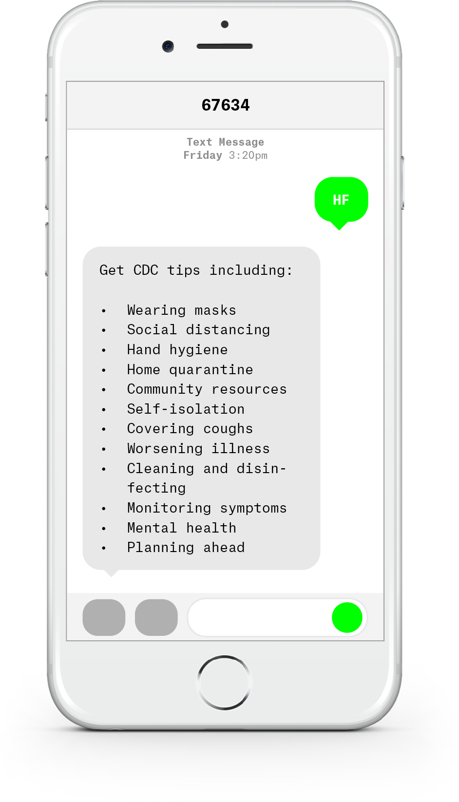 White iPhone with text messages about COVID-19 from Health First.