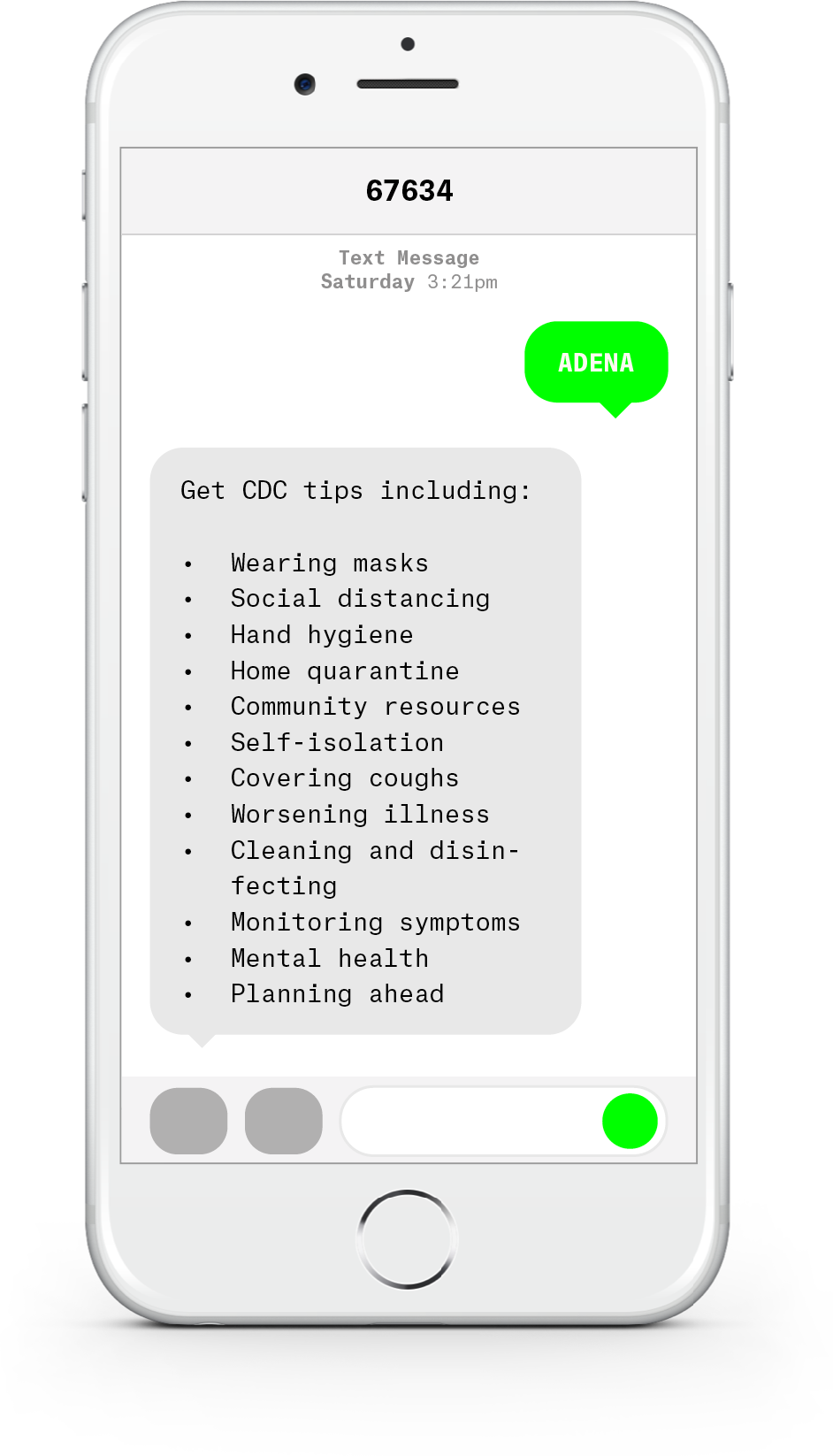 White iPhone with text messages about COVID-19 from Adena Health System.