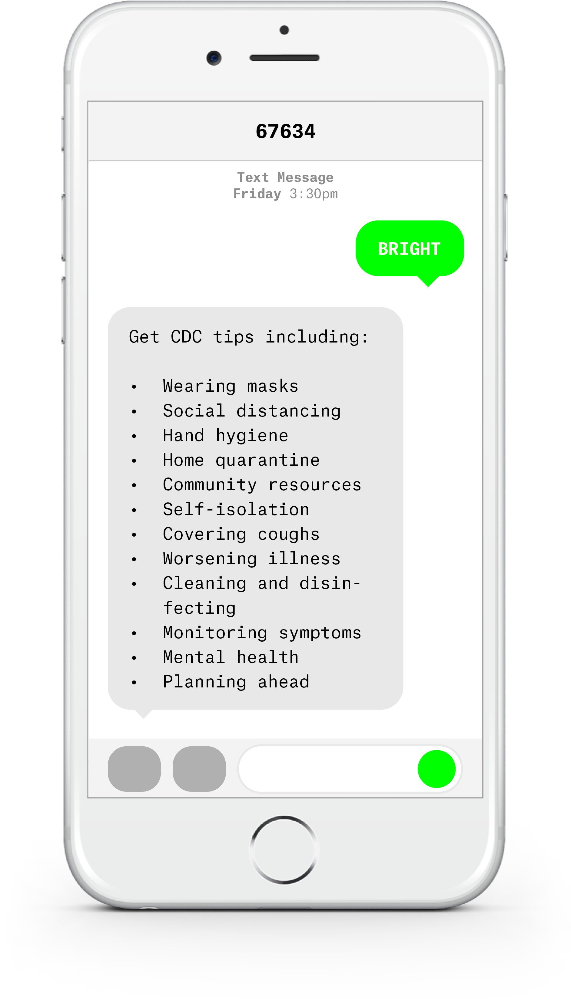 White iPhone with text messages about COVID-19 from Bright Health.