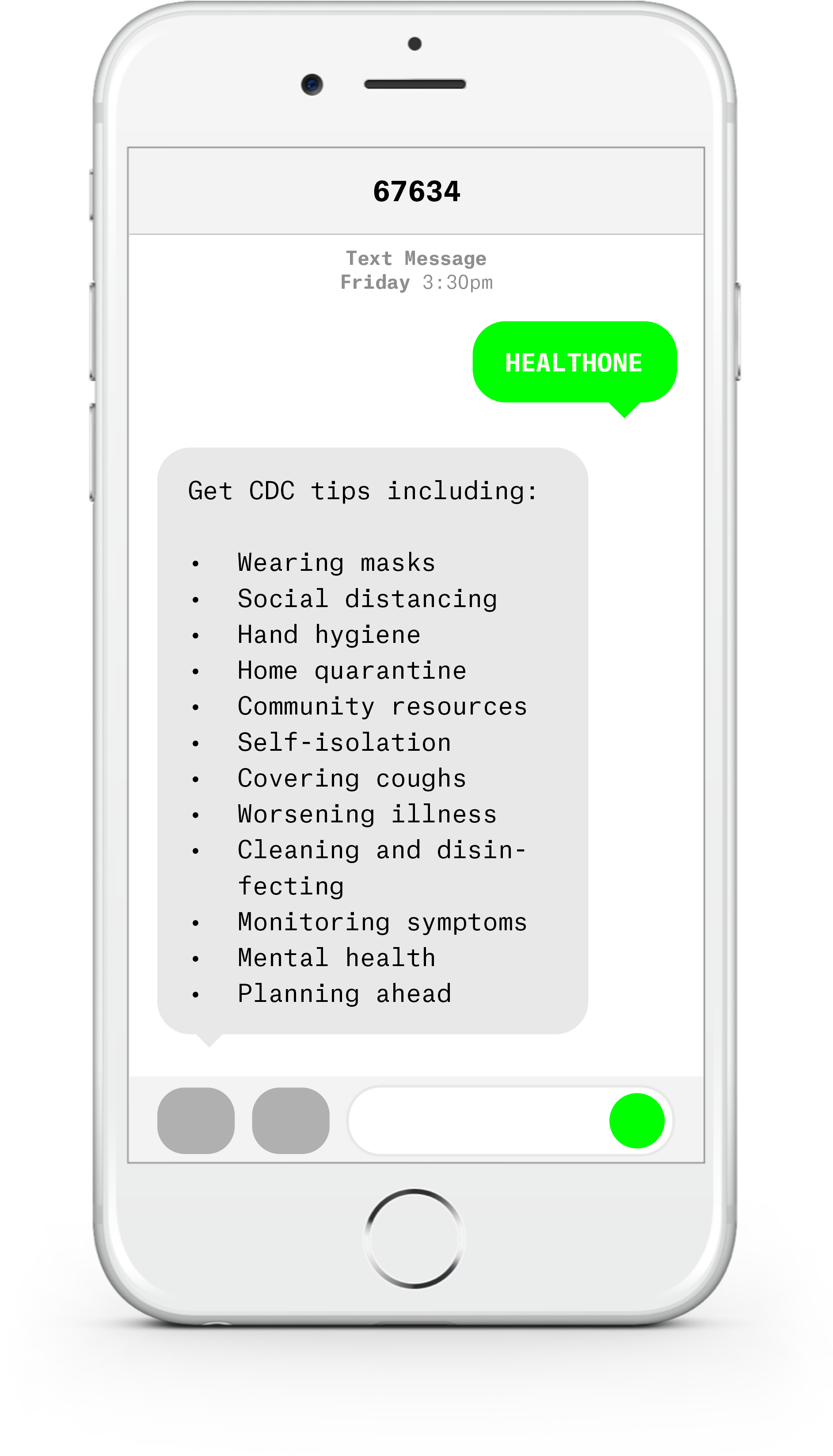 White iPhone with text messages about COVID-19 from HealthOne Colorado.