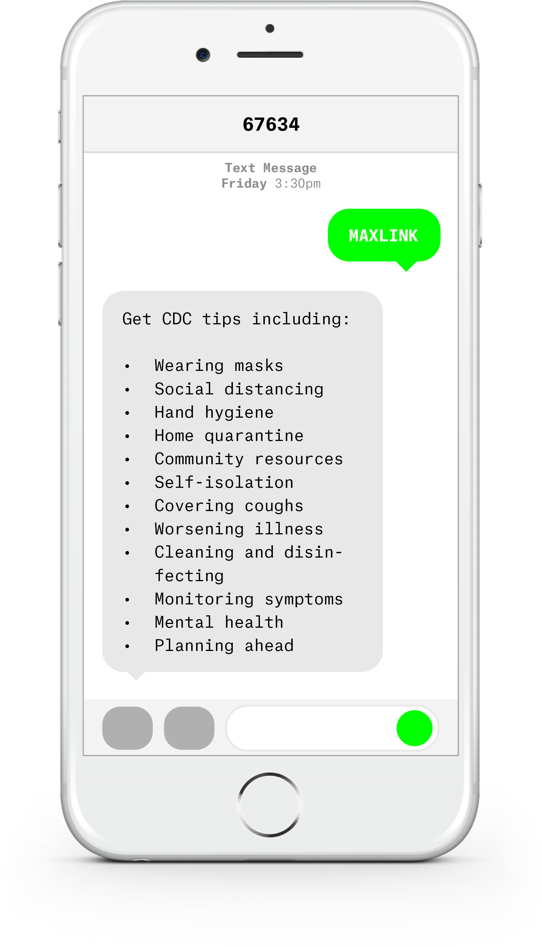 White iPhone with text messages about COVID-19 from Maxlink Health.