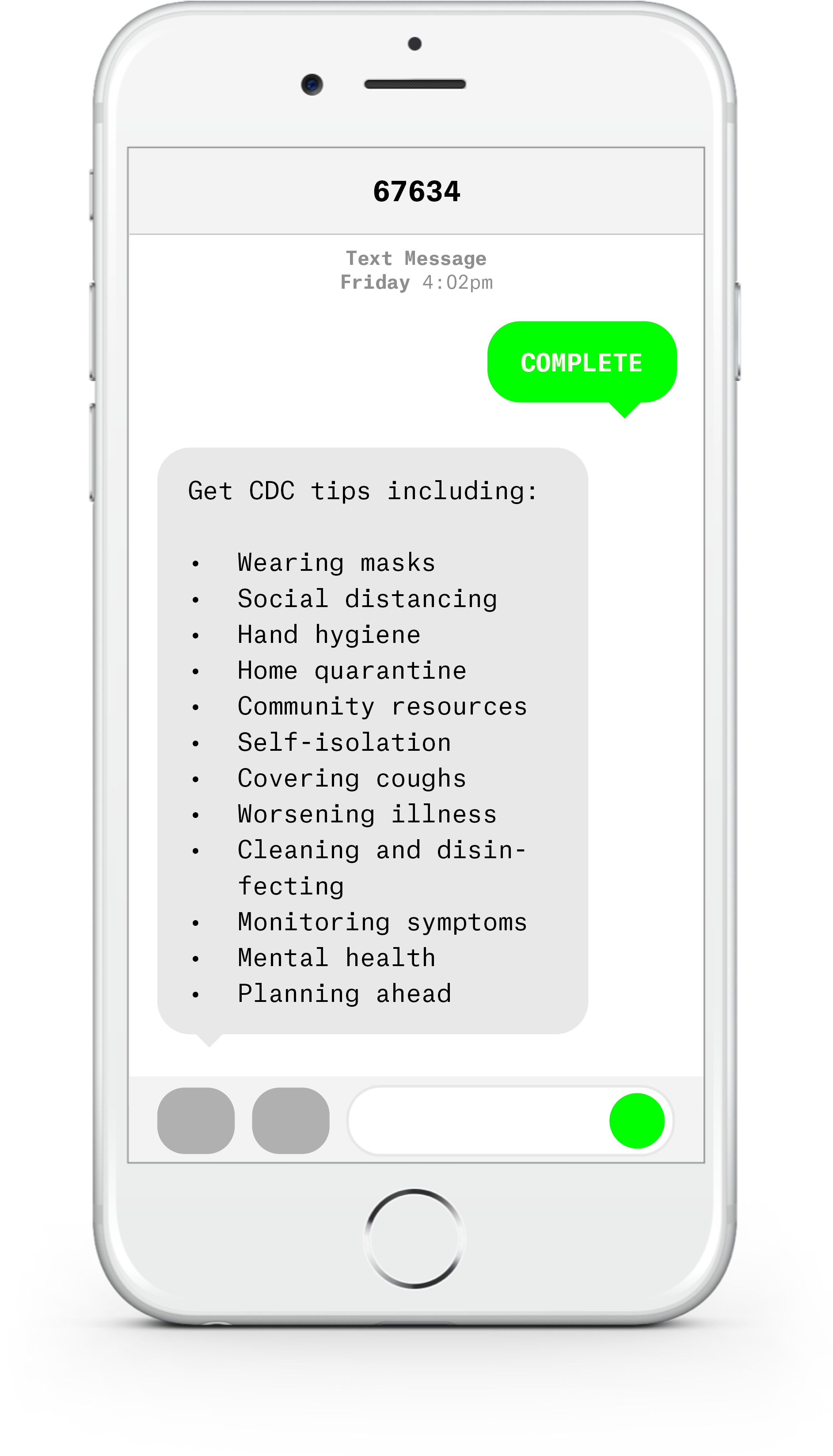 White iPhone with text messages about COVID-19 from Arizona Complete Health.