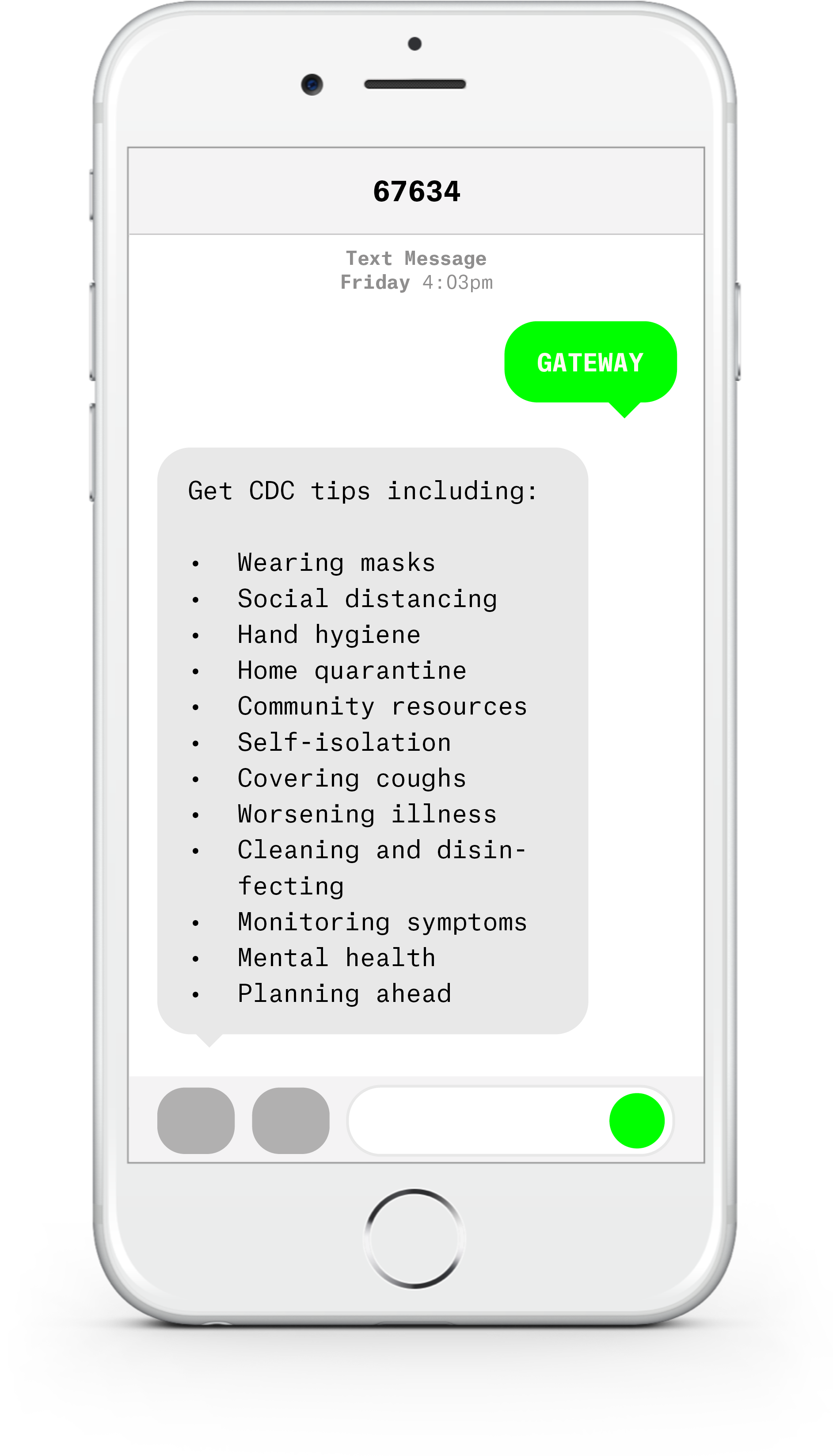 White iPhone with text messages about COVID-19 from Gateway Regional Medical Center .