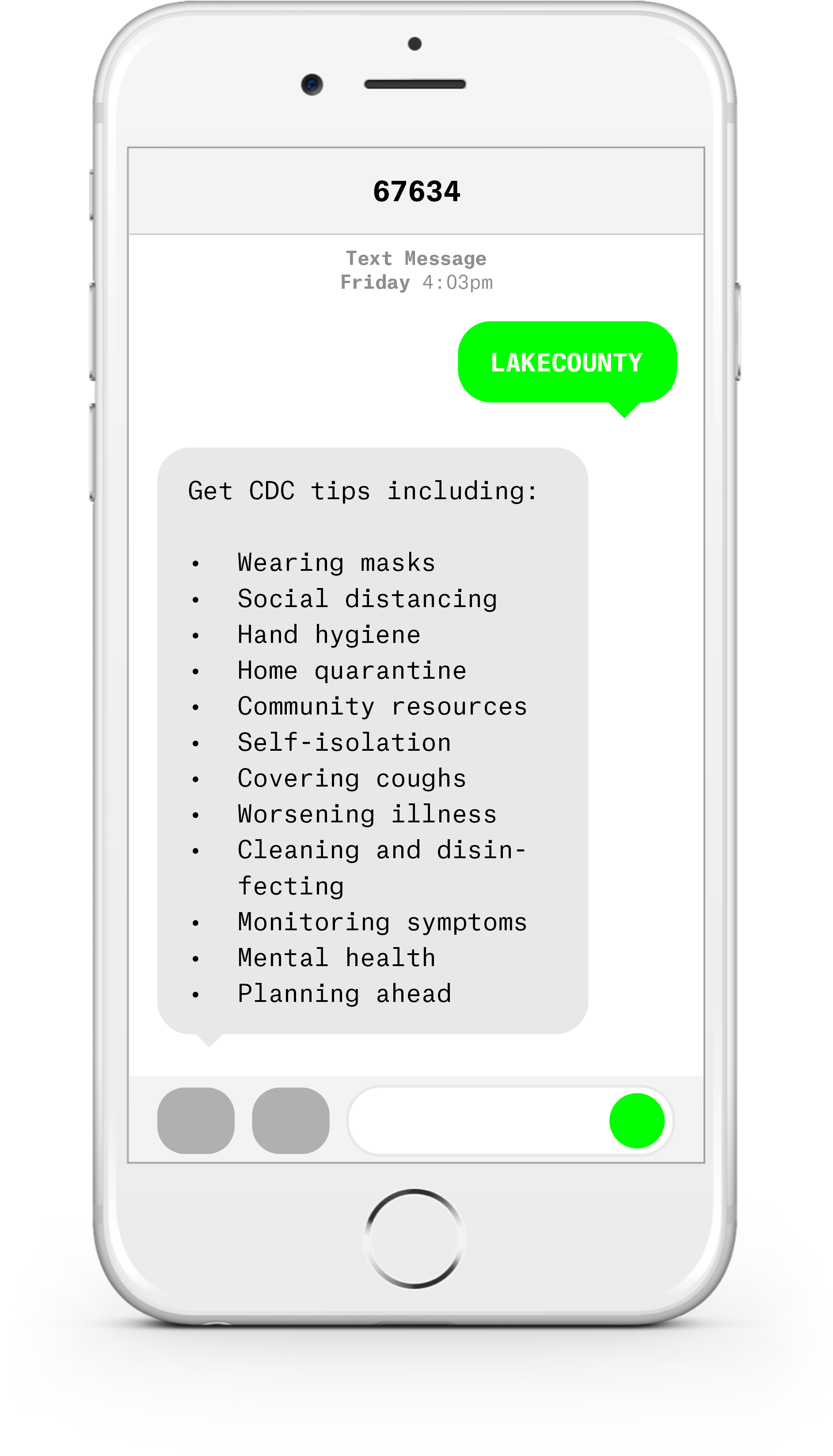 White iPhone with text messages about COVID-19 from County of Lake Health Services.