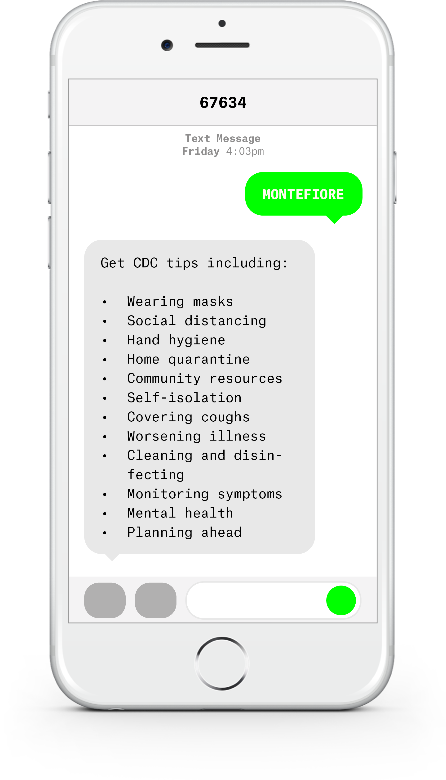 White iPhone with text messages about COVID-19 from Montefiore Health System.