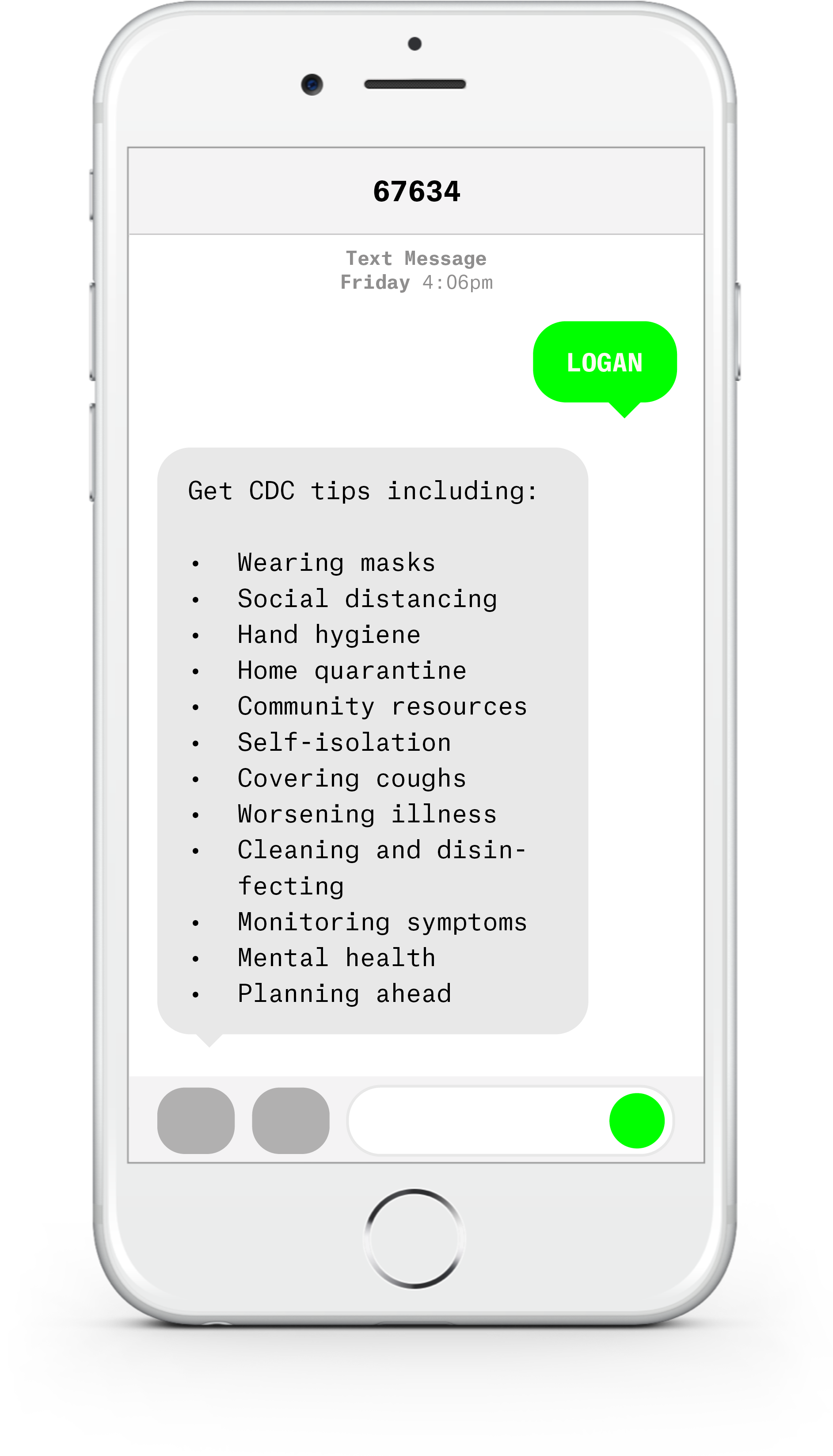 White iPhone with text messages about COVID-19 from Logan County Hospital.