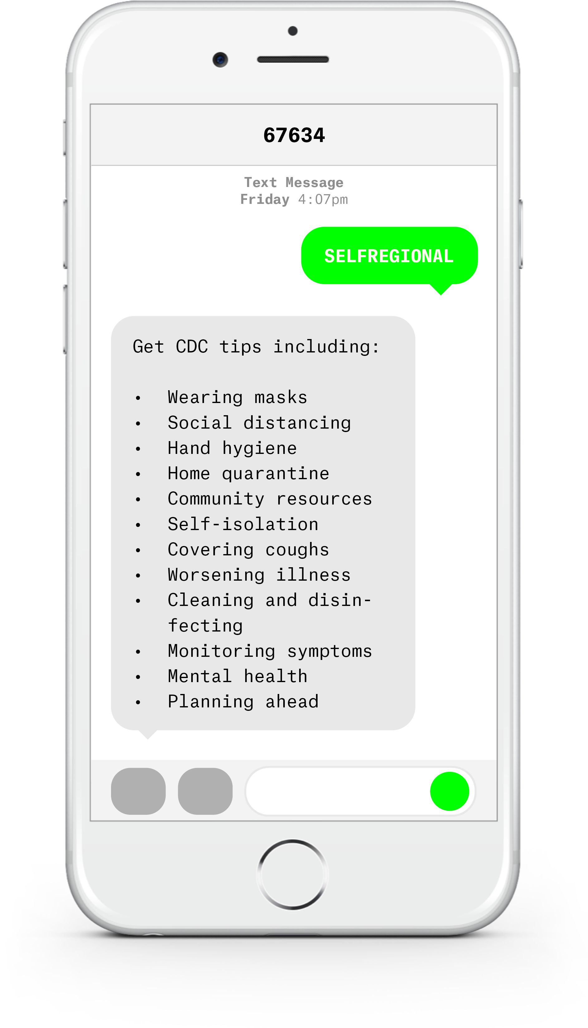 White iPhone with text messages about COVID-19 from Self Regional Healthcare.