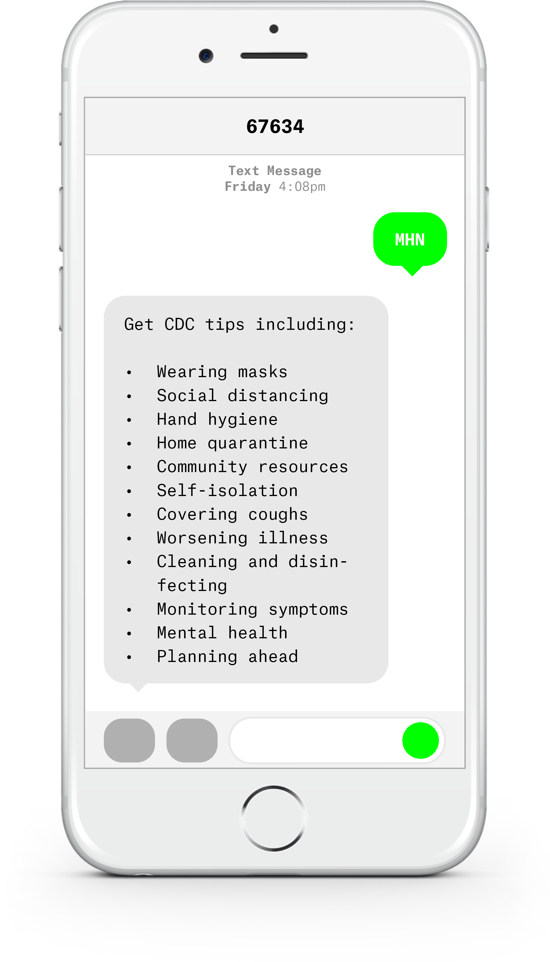 White iPhone with text messages about COVID-19 from Medical Home Network.