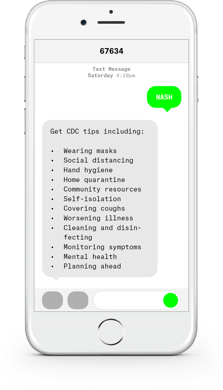 White iPhone with text messages about COVID-19 from Nash Health Care Systems.