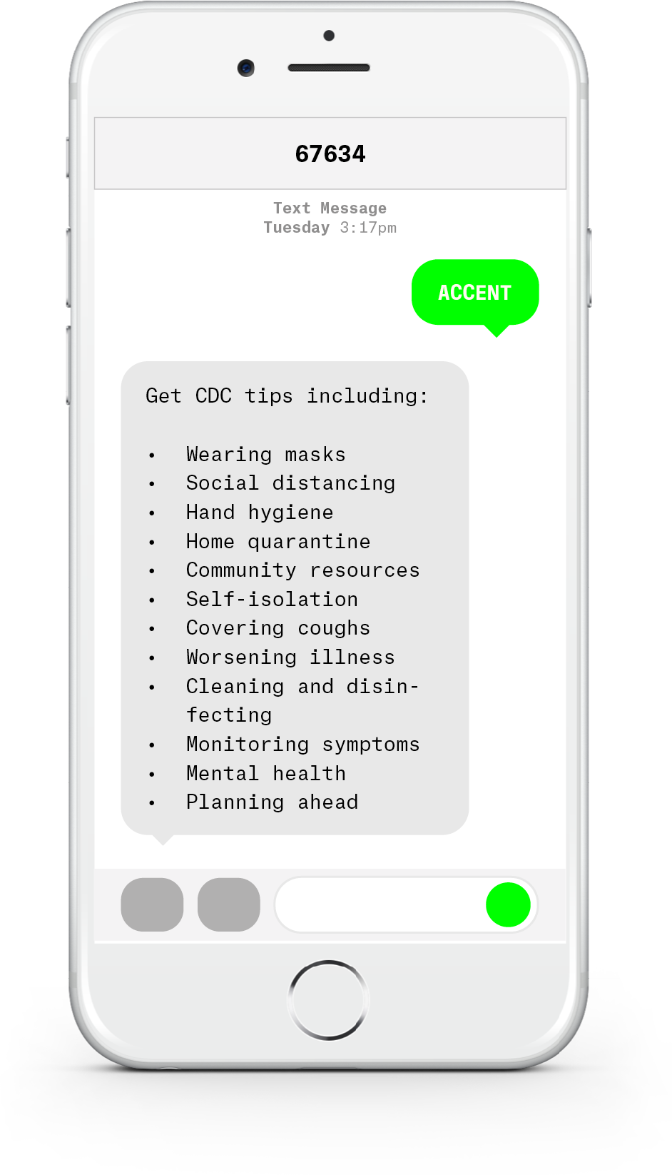 White iPhone with text messages about COVID-19 from AccentCare.